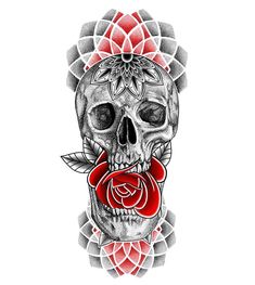 a drawing of a skull with roses on it