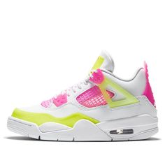 This Kids Nike Air Jordan 4 Retro GS "White Lemon Pink" continues the excellence of the AJ4 line. This pair is using kids favorite colors neon Lemon Venom/Pink Blast on the white to create irresistible cuteness. With AJ4's signature visible Air-Sole unit and red inner softpad, all kids are gonna wear this all day long. (AJ4/SNKR/Mid Top/Basketball) Lemon Venom 4s, Weird Sneakers, Shoes To Get, Jordan Fours, Cute Jordans, Nike Air Jordan 4 Retro, Pretty Sneakers, Pink Nike Shoes, Nike Air Jordan 4