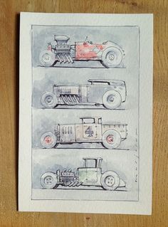 three drawings of old cars are shown on a wooden surface