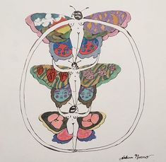 a drawing of a butterfly with different colors on it's wings and feet, in the shape of a circle