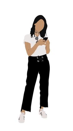 a woman in white shirt and black pants looking at her cell phone with both hands