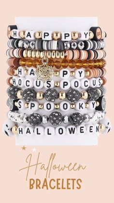 there are 10 pieces of Halloween Theme bracelets with 10 different designs, All the bracelets are consist of vinyl disc beads and gold seed beads and a HOCUS POCUS Spooky letter to make. #ad Hocus Pocus Bracelet Ideas, Diy Halloween Bracelets, Clay Disc Bead Bracelet Ideas, Halloween Beaded Bracelets With Letter Beads, Spooky Jewelry, Handmade Beaded Bracelets For Halloween, Halloween Beaded Bracelet, Seed Bead Ideas, Handmade Themed Bracelet For Halloween