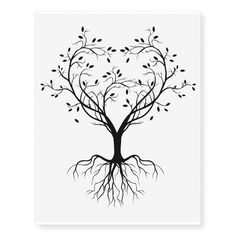 a black and white tree with roots in the shape of a heart on a white background