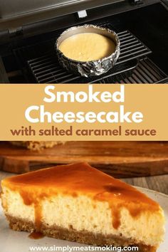 a piece of cheesecake with caramel sauce on top and in the oven next to it