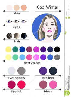 Illustration about Stock vector seasonal color analysis palette for cool winter. Best makeup colors for cool winter type of female appearance. Face of young woman. Illustration of lips, care, guidance - 114695951 Cool Winter Pallete, Color Analysis Palette, Makeup By Season, Color Analysis Winter, Palette Winter, Winter Skin Tone, True Winter Color Palette, Winter Make Up, Cool Winter Color Palette