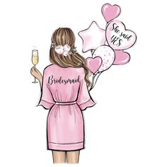 a girl in a pink robe holding balloons and a wine glass with the word bridesmal written on it