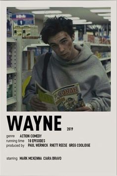 a young man reading a book in a library with the caption wayne written on it