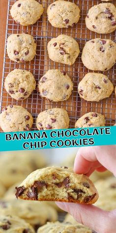 banana chocolate chip cookies on a cooling rack and in the foreground is a hand holding a half eaten cookie