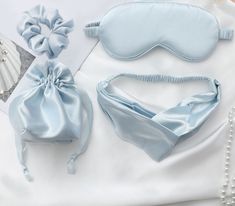 "Soft Silk Satin Sleep Eye Mask, Gusset Drawstring Bag, Headband and Hair Scrunchie 4pc Gift Box Set in Powder Blue Feel beautiful and luxurious in this 4pc silk satin beauty eye mask gift set in powder blue. The eyemask set is made of premium quality, super soft to the touch, and comfortable to the eyes. The set includes silk satin sleeping eye mask with covered elastic band, wide scrunchie, headband, and round bottom gusset drawstring bag to keep clean and store neatly away. The eye mask not o Best Sleep Mask, Silk Sleep Mask, Silk Eye Mask, Silk Set, How To Make Rope, Shiny Fabric, Eye Cover, Adjustable Headband, Sleep Set