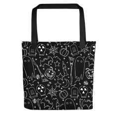 Carry all your essentials in style with Goth Cloth Co.'s spacious and trendy tote bag, featuring a hauntingly beautiful gothic pattern of ghosts, bats, tombstones, and spiderwebs on a black background. Perfect for your daily adventures, this tote bag is crafted from 100% spun polyester fabric with sturdy dual handles made from natural cotton bull denim. With a generous capacity of 2.6 US gallons and a maximum weight limit of 44 lbs, it’s both functional and fashionable. Embrace your spooky side Black Tote Shoulder Bag For Halloween, Everyday Tote Bag For Halloween, Everyday Halloween Tote Bag, Black Rectangular Shoulder Bag For Halloween, Black Halloween Rectangular Shoulder Bag, Halloween Tote Bag For Daily Use, Black Rectangular Bag For Halloween, Gothic Bags For Everyday Use And Halloween, Rectangular Black Bag For Halloween