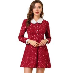 A Peter pan collar and ruffle decoration add ebullient charm to this vintage dress. Polka dots and a contrast design put a romantic frame around this chiffon dress with a Peter Pan collar. The long sleeve with contrast cuffs and half-placket design is a great highlight, full of a sense of detail and design. Contrast Dotted and a Peter Pan collar bring retro romance to a chiffon dress. This Peter Pan collar dress is easily paired with flat shoes or leisure shoes for an elegant and vintage look. M Retro Romance, Placket Design, Romantic Frame, Winter Style Guide, Pan Collar Dress, Contrast Design, Polka Dot Tie, Peter Pan Collar Dress, Floral Shirt Dress