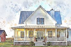 a watercolor painting of a house with porches