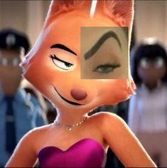 the animated fox is wearing a purple dress and has her eyes drawn to look like she's smiling