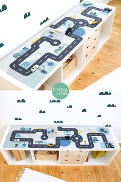 a toy car race table with drawers underneath it