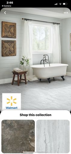 a bathroom with white walls and flooring next to a bathtub in the center