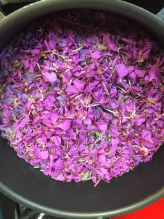 a pan filled with purple flowers on top of a stove