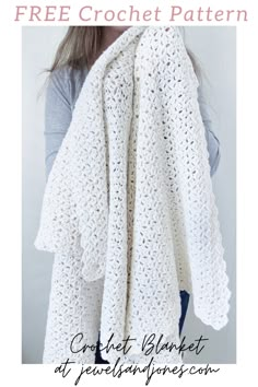 a woman wearing a white crochet shawl with the text free crochet pattern