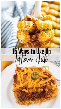 Two leftover chili dishes….easy ways to use up chili on Day 2! Chili Recipies, List Of Dinner Ideas, Baked Chili Cheese Dogs, Chili Baked Potato, Leftover Meals, Chili Bake, Chili Pie