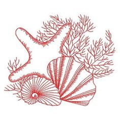 an image of a coral and seashells on white paper with red threadwork