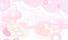 the hello kitty wallpaper is pink and has many different foods on it, including donuts