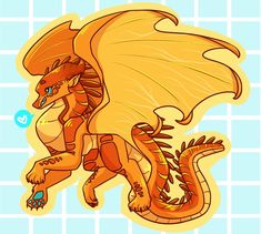 an orange and yellow dragon sitting on top of a tiled wall