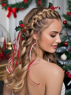 Christmas Hair Updo, Curly Hair With Ribbon, Hair With Ribbon, Christmas Hair Ideas, Party Hairdo, College Christmas, Chic Haircut, Ribbon Braids