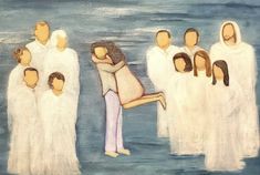 a painting of people in white robes with their arms around each other as if they are hugging