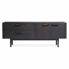 the sideboard with three drawers is shown in dark wood and has two brown handles