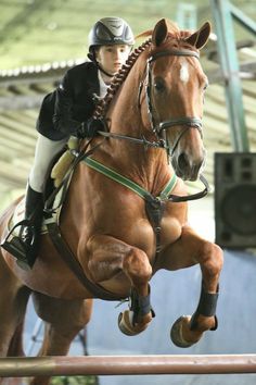 a woman riding on the back of a brown horse over an obstacle line with her legs in the air