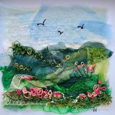 an art work with flowers and birds flying over the top of a hill in the sky