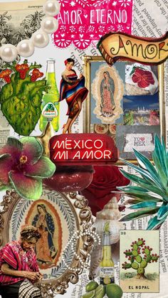 a collage of mexican art, flowers and other things on display in front of a white background