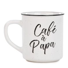 a white coffee mug with black lettering that says cafe papa on the inside and outside