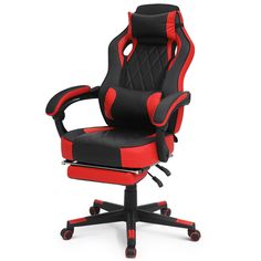 a red and black office chair with wheels on the bottom, in front of a white background