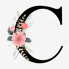 the letter c is decorated with flowers and leaves, font, alphabet, floral png and psd