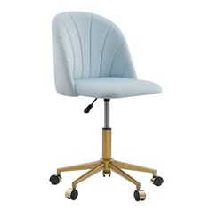 a white office chair with wheels and casteors on an aluminum base, viewed from the front