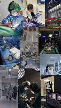 collage of doctors and medical personnel working in an operating room, with images of hospital equipment