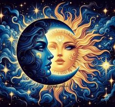 the sun and moon are depicted in this painting