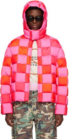 Pink & Red Gradient Checker Hooded Puffer Coat by ERL on Sale Cropped Puffer Jacket Outfit, Coat Check, Crochet Hood, Satin Coat, Red Gradient, Boutique Ideas, Conceptual Fashion, Winter Closet, Winter Styles