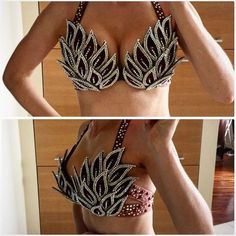 two pictures of a woman wearing a bra with beads on it and one showing her breast