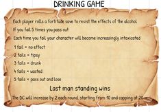 a piece of paper with the words drinking game written on it and an old scroll