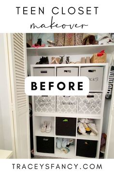 an open closet with the words teen closet makeover before and after it is cleaned