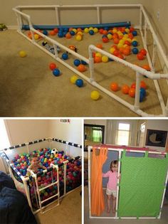 there are two pictures with balls in the room and one has a ball pit on the floor