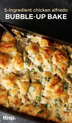 a casserole dish is shown with a spoon in it and the words bubble - up bake below