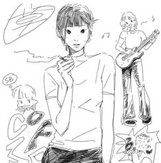 a black and white drawing of a person with a guitar in front of them,