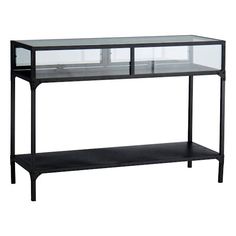 a glass and metal console table with shelves