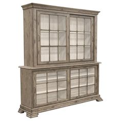 an old wooden cabinet with glass doors on the top and bottom, isolated against a white background