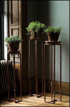 two metal plant stands with plants in them sitting on a wooden floor next to a window