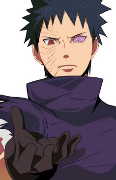 an anime character with purple eyes and black hair, holding his hands out to the side