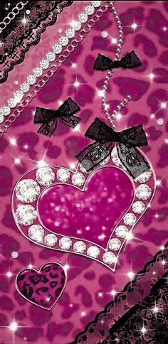 a pink and black background with hearts and bows