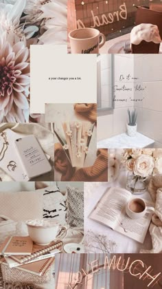 a collage of photos with flowers, books and coffee mugs on top of each other